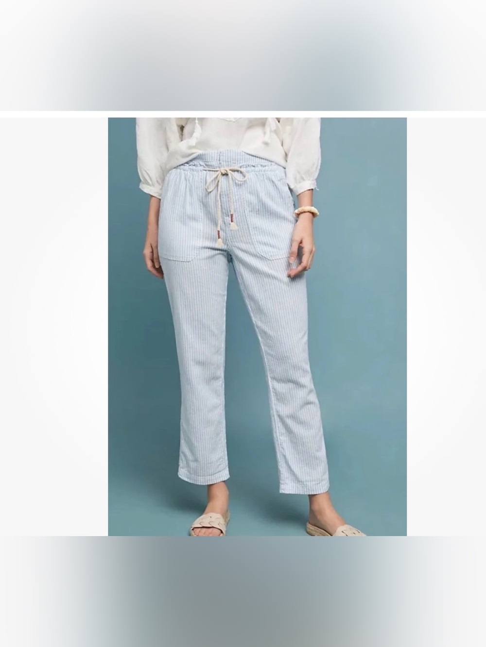 Anthropologie Seashore Linen Blend Pants Women S Blue Striped Rope Belt Crop